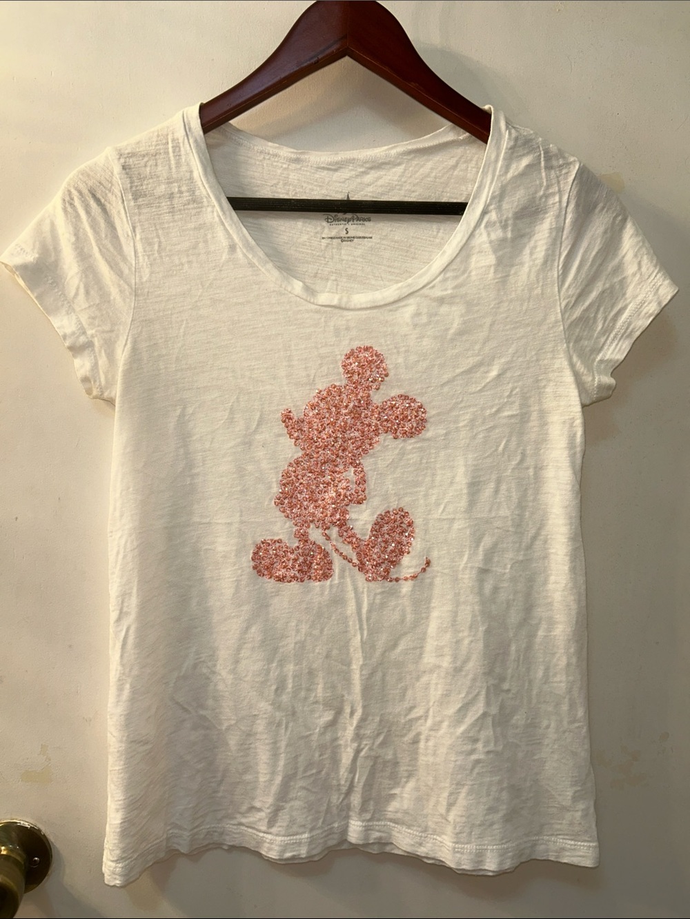 Disney Parks White Tee with Pink Sequin Mickey Silhouette, Sz S